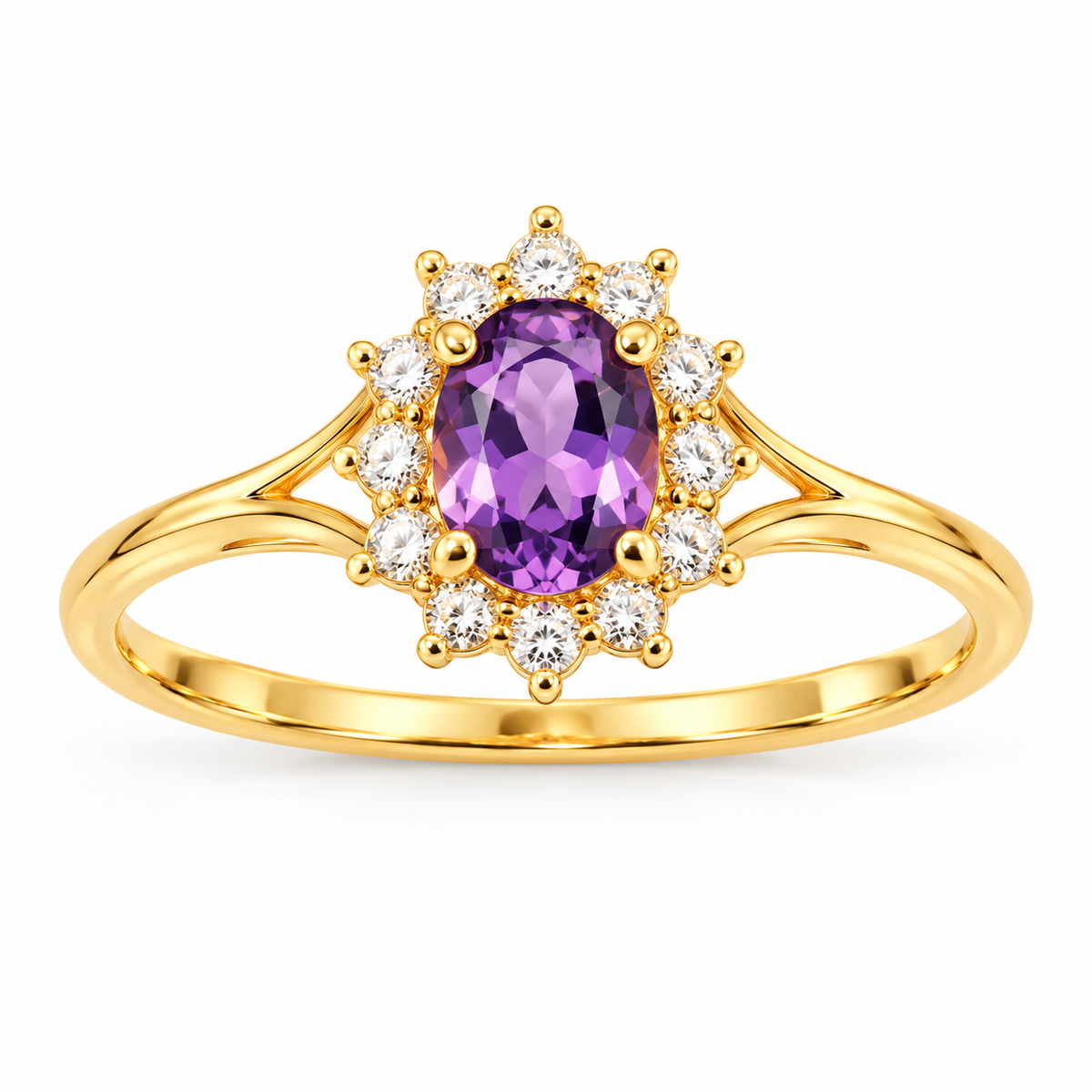 14K Yellow Gold Purple CZ Halo Ring RG379 front white background view