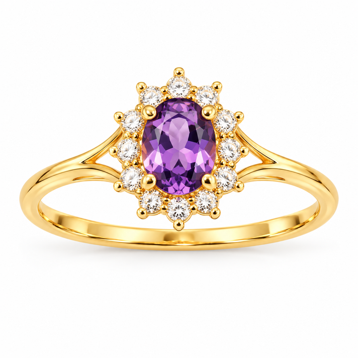 14K Yellow Gold Purple CZ Halo Ring RG379 front white background view