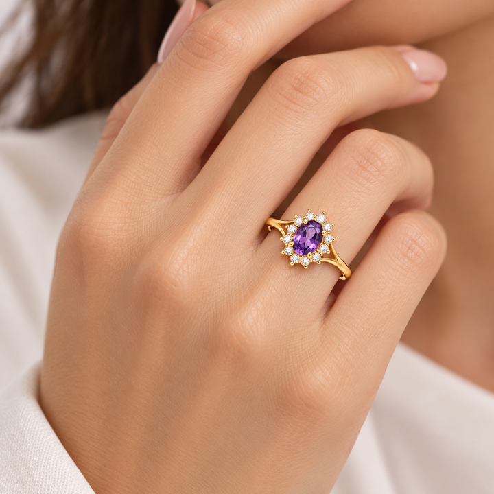 14K Yellow Gold Purple CZ Halo Ring RG379 on model