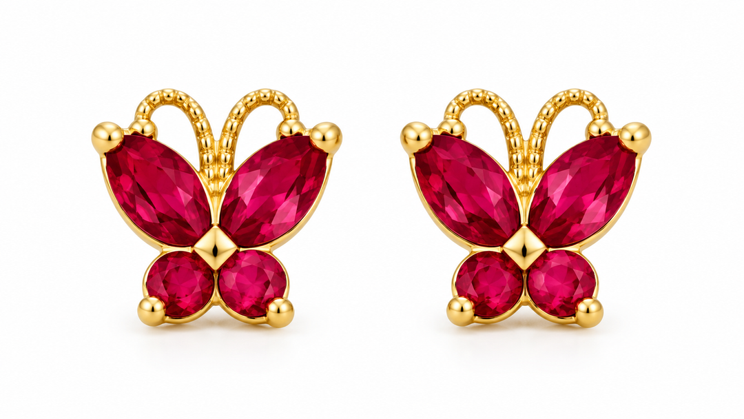 14K Yellow Gold Red Accent Butterfly Screw-Back Earrings, pair on white background
