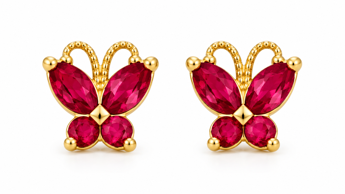 14K Yellow Gold Red Accent Butterfly Screw-Back Earrings, pair on white background