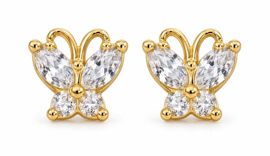 14K Yellow Gold White Accent Butterfly Screw-Back Earrings, pair on white background
