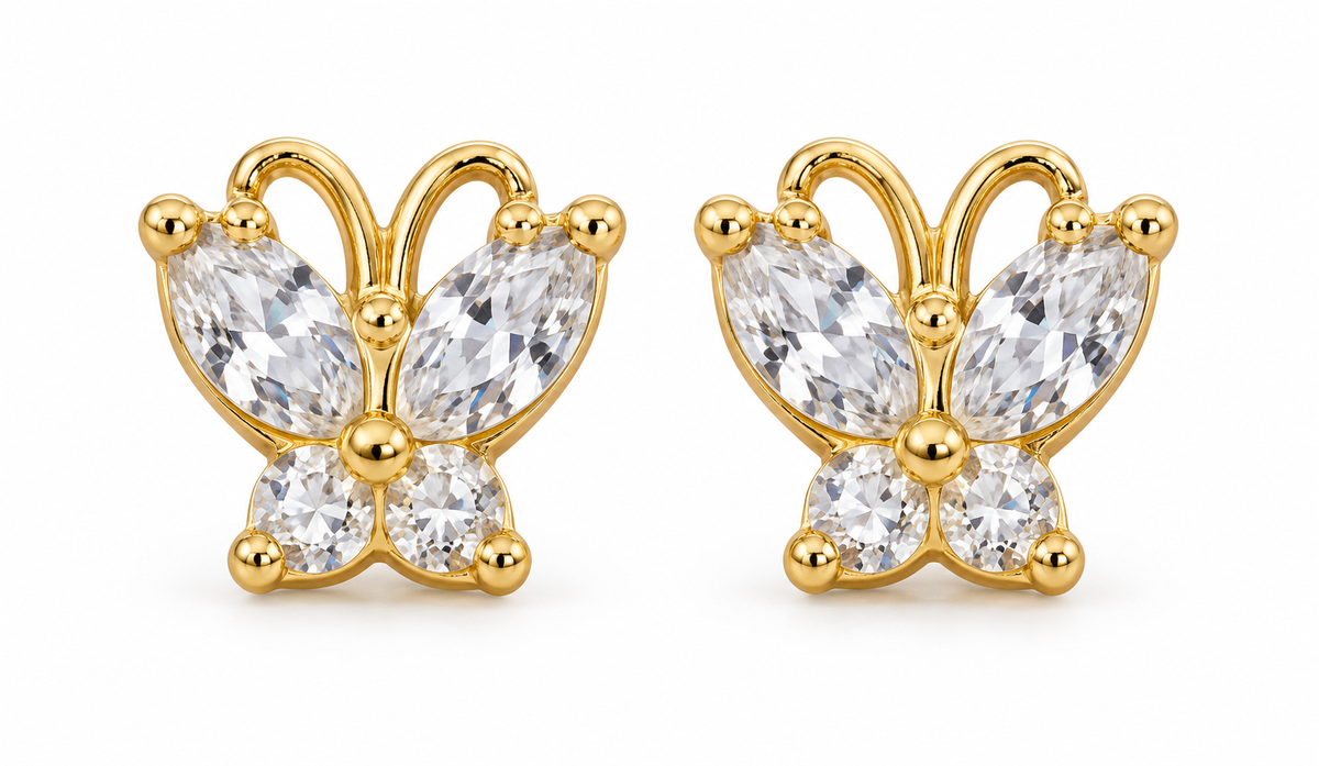 14K Yellow Gold White Accent Butterfly Screw-Back Earrings, pair on white background