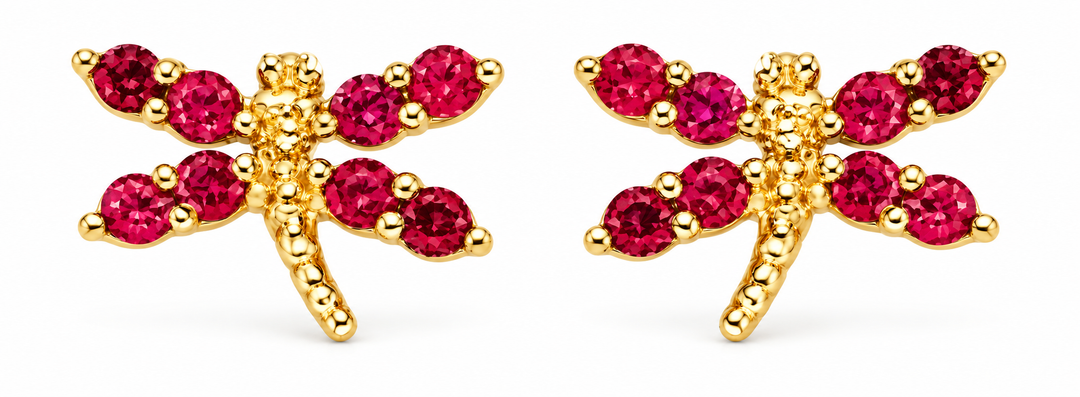 14K Yellow Gold Red Accent Dragonfly Screw-Back Earrings, pair on white background