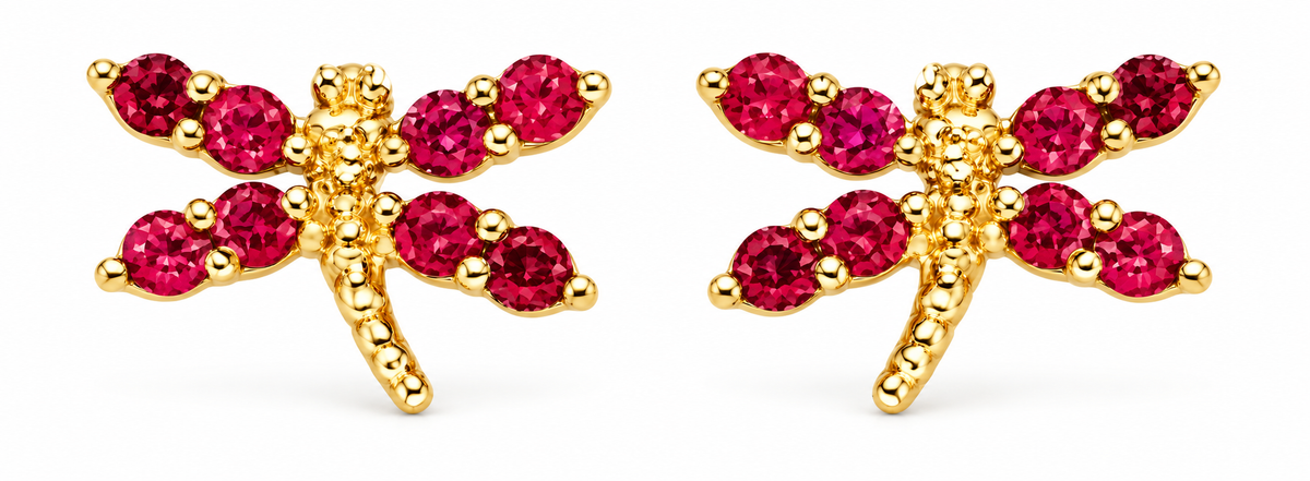 14K Yellow Gold Red Accent Dragonfly Screw-Back Earrings, pair on white background