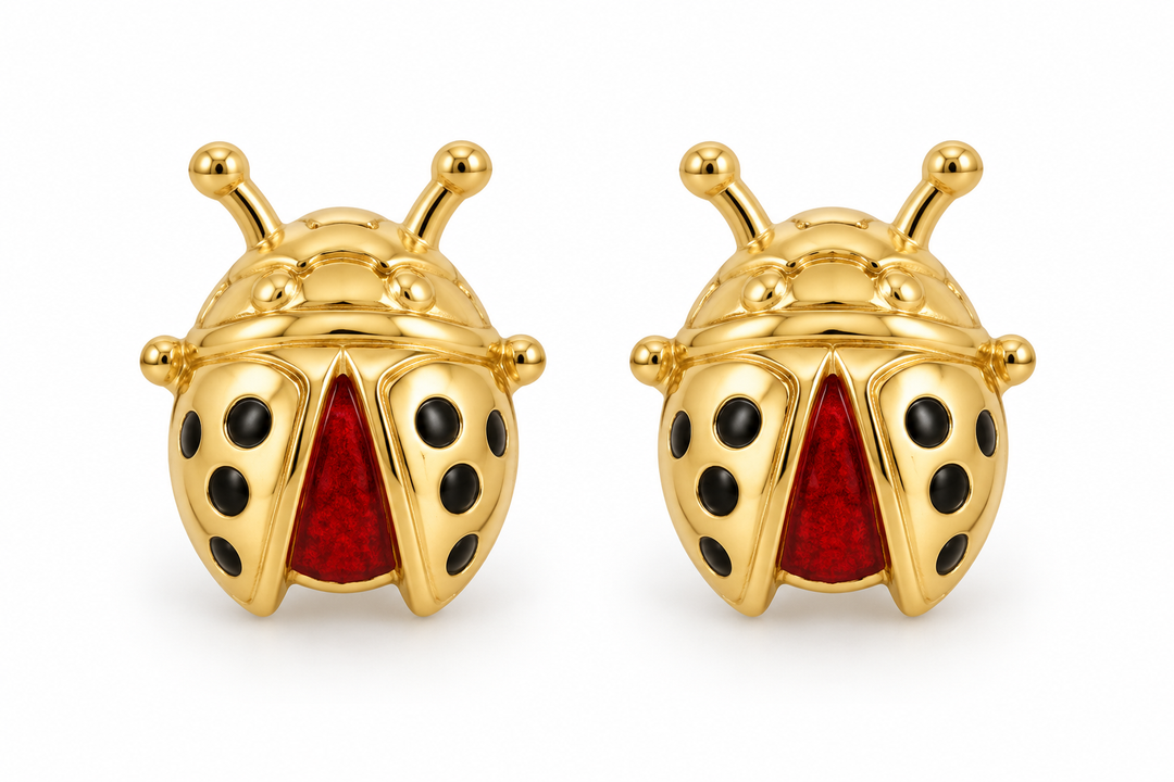 14K Yellow Gold Ladybug Screw-Back Earrings, pair on white background