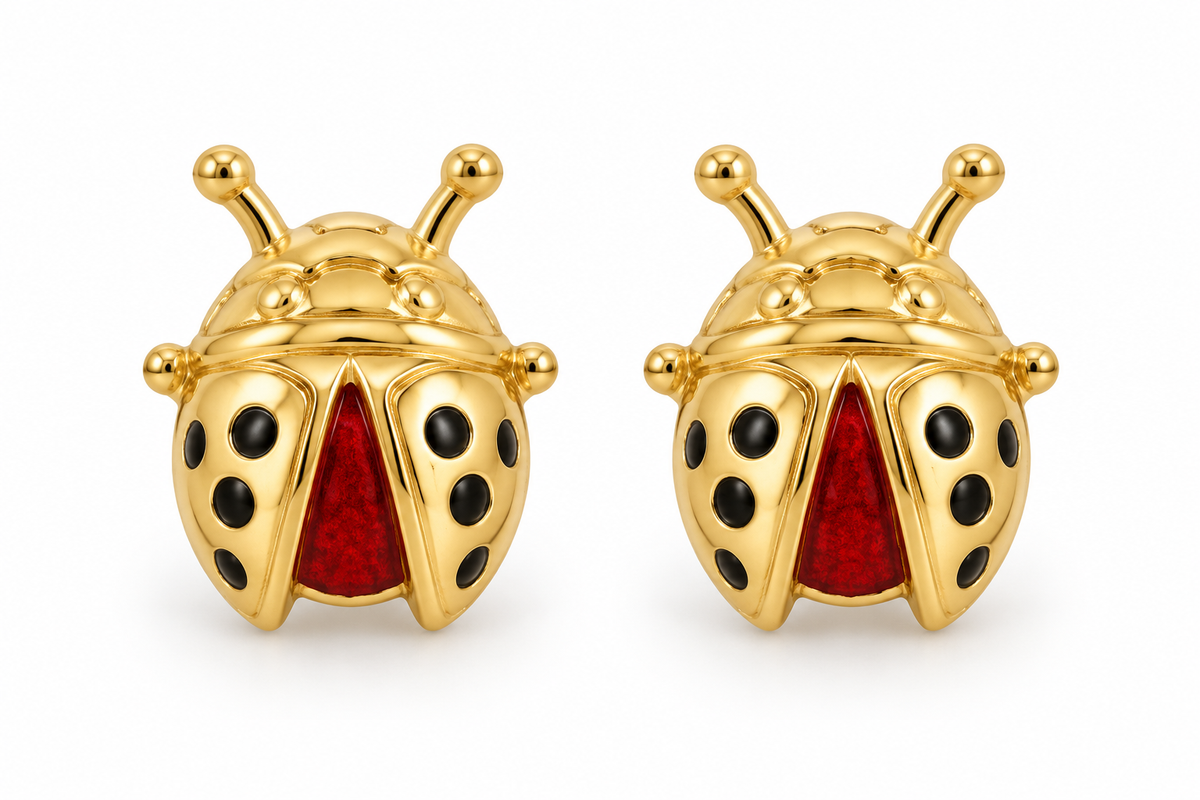 14K Yellow Gold Ladybug Screw-Back Earrings, pair on white background