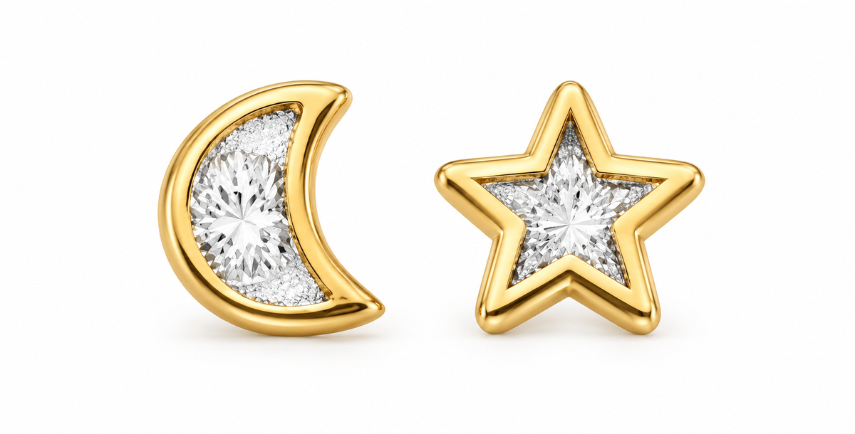 14K Two-Tone Gold Moon and Star Screw-Back Earrings, pair on white background