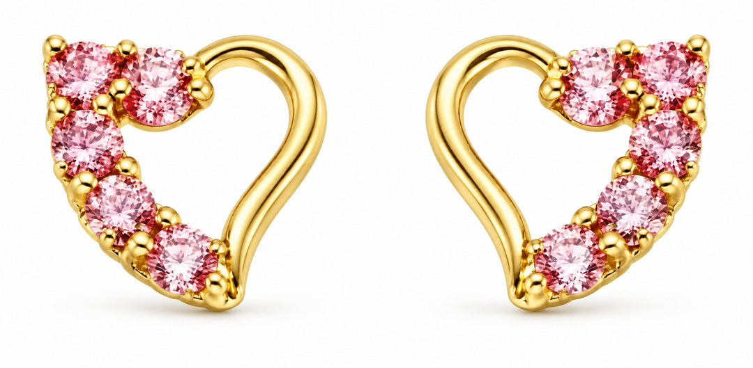 14K Yellow Gold Pink Accent Open Heart Screw-Back Earrings, pair on white background