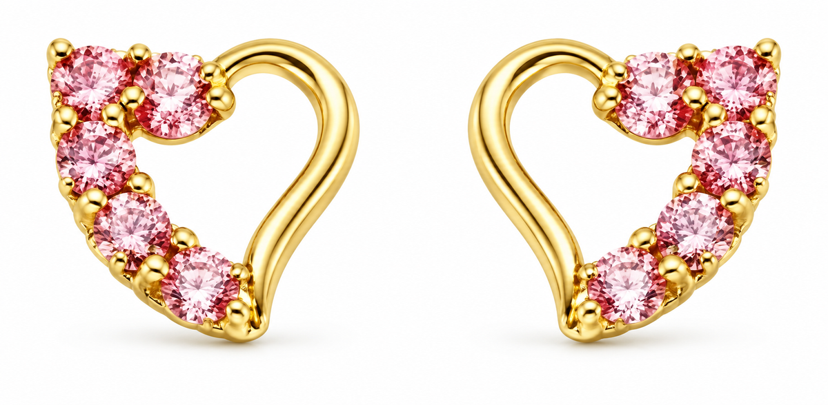 14K Yellow Gold Pink Accent Open Heart Screw-Back Earrings, pair on white background