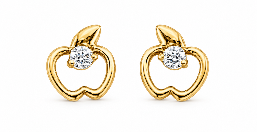 14K Yellow Gold Apple White Accent Screw-Back Earrings, pair on white background