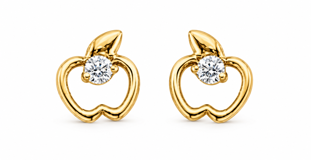 14K Yellow Gold Apple White Accent Screw-Back Earrings, pair on white background