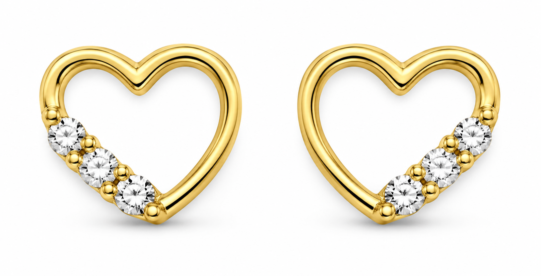 14K Yellow Gold White Accent Open Heart Screw-Back Earrings, pair on white background
