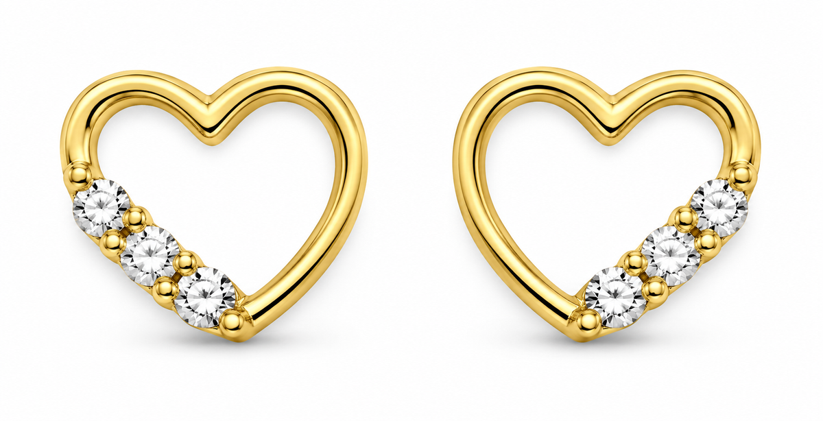 14K Yellow Gold White Accent Open Heart Screw-Back Earrings, pair on white background