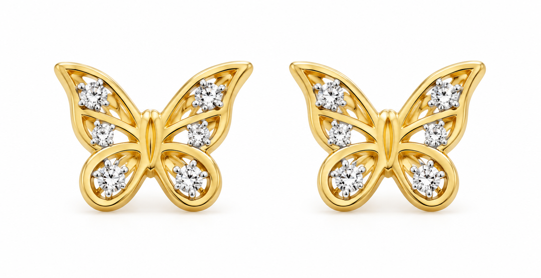 14K Yellow Gold Openwork Butterfly Screw-Back Earrings, pair on white background