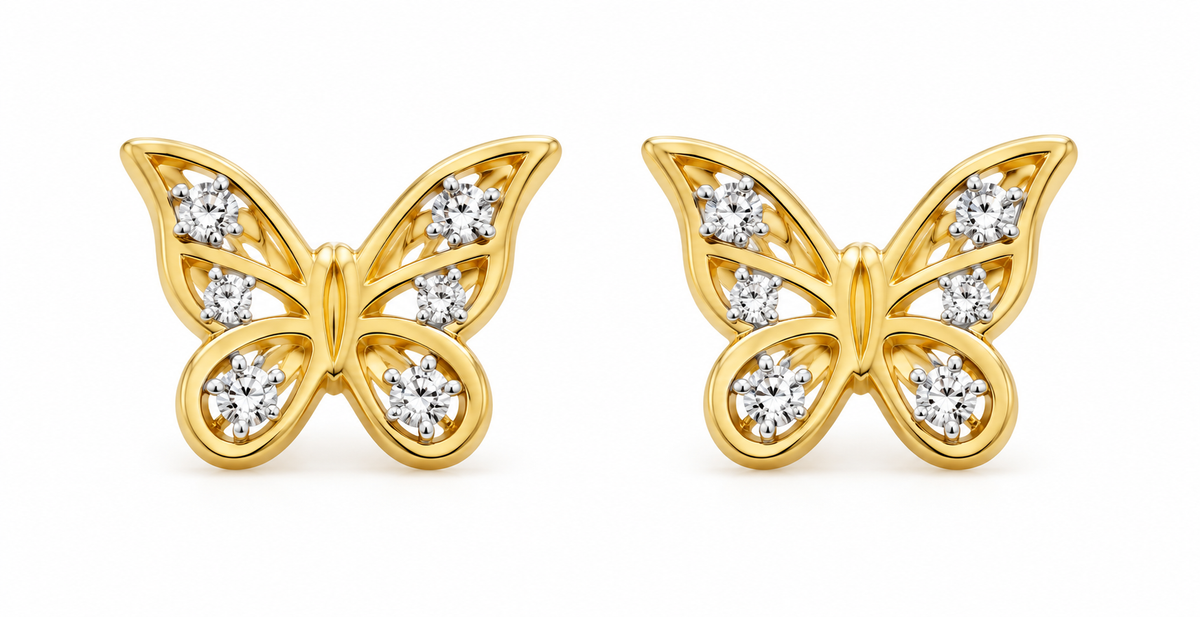 14K Yellow Gold Openwork Butterfly Screw-Back Earrings, pair on white background
