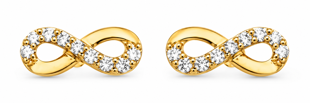 14K Yellow Gold Infinity White Accent Screw-Back Earrings, pair on white background