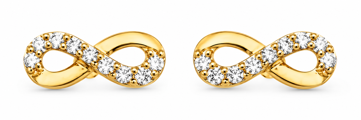 14K Yellow Gold Infinity White Accent Screw-Back Earrings, pair on white background