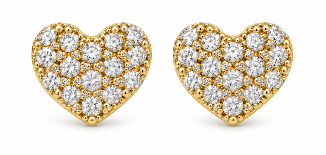 14K Yellow Gold White Accent Heart Screw-Back Earrings, pair on white background