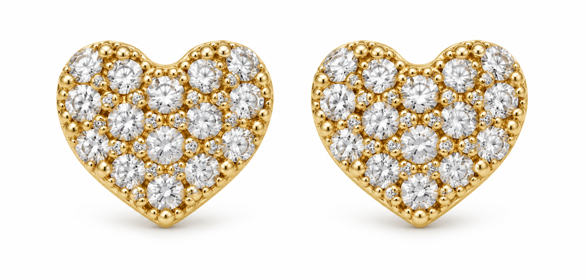 14K Yellow Gold White Accent Heart Screw-Back Earrings, pair on white background
