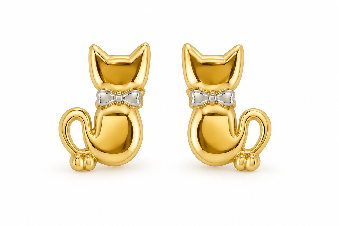 14K Yellow Gold Cat Screw-Back Earrings, pair on white background