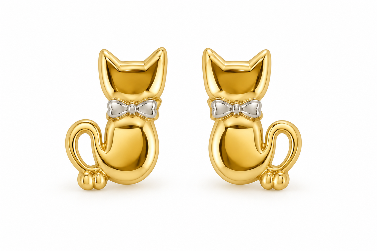 14K Yellow Gold Cat Screw-Back Earrings, pair on white background