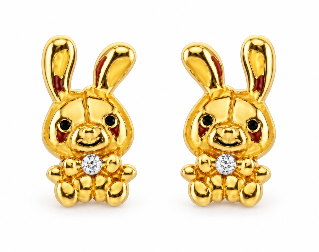 14K Yellow Gold Bunny Screw-Back Earrings, pair on white background