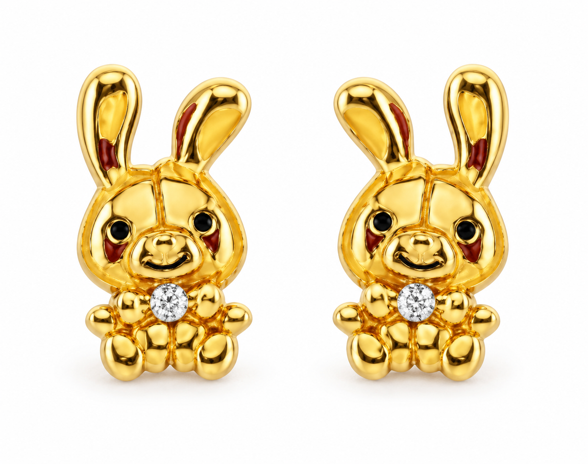 14K Yellow Gold Bunny Screw-Back Earrings, pair on white background