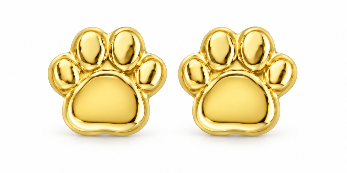 14K Yellow Gold Paw Print Screw-Back Earrings, pair on white background