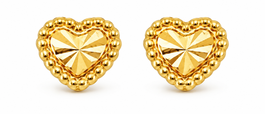 14K Yellow Gold Textured Heart Screw-Back Earrings, pair on white background