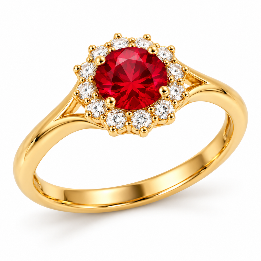 14K Yellow Gold Red Round CZ Halo Ring angled white background