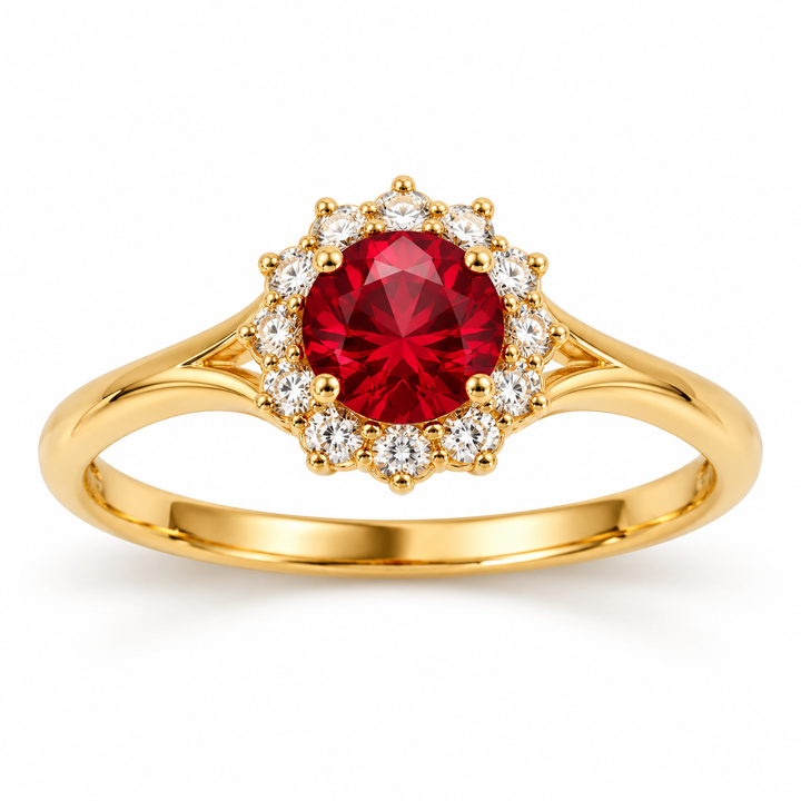 14K Yellow Gold Red Round CZ Halo Ring front white background