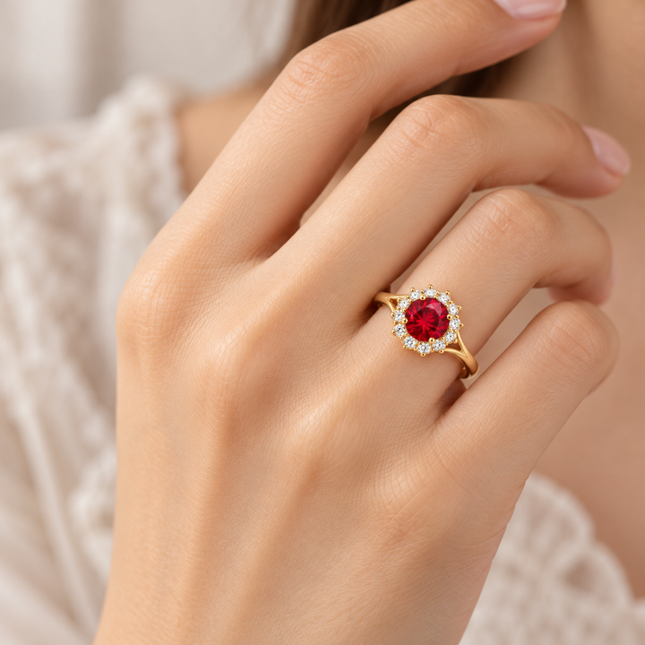 14K Yellow Gold Red Round CZ Halo Ring on model hand