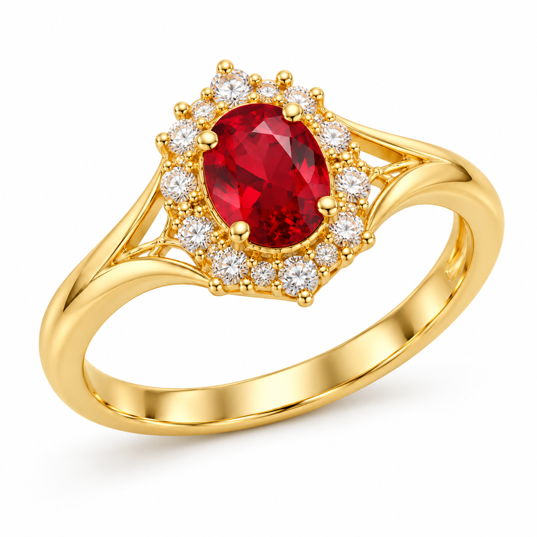 14K Yellow Gold Red Oval CZ Halo Ring angled white background