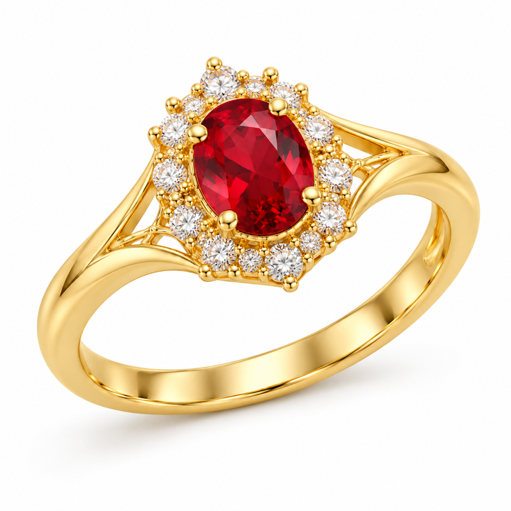 14K Yellow Gold Red Oval CZ Halo Ring angled white background