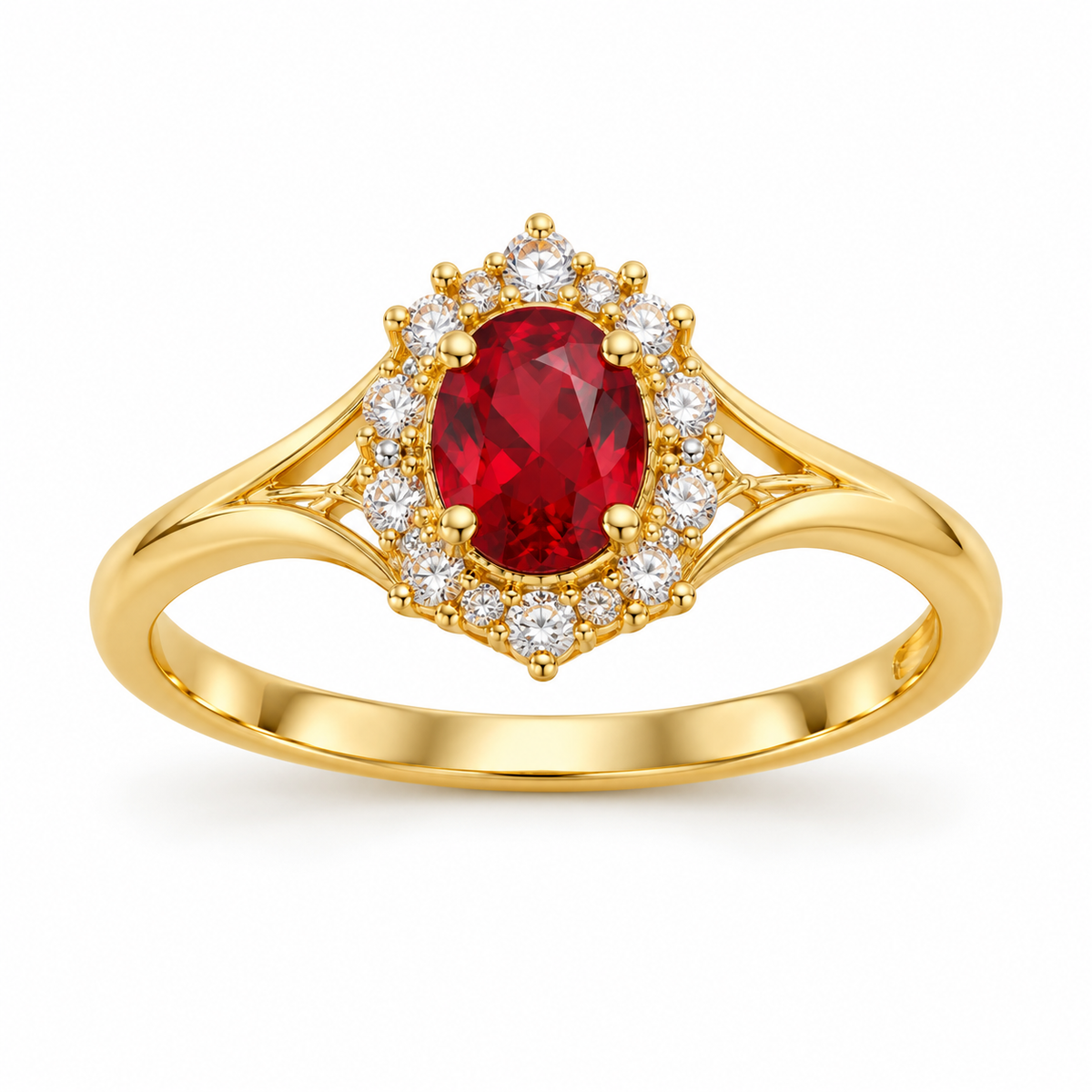 14K Yellow Gold Red Oval CZ Halo Ring front white background