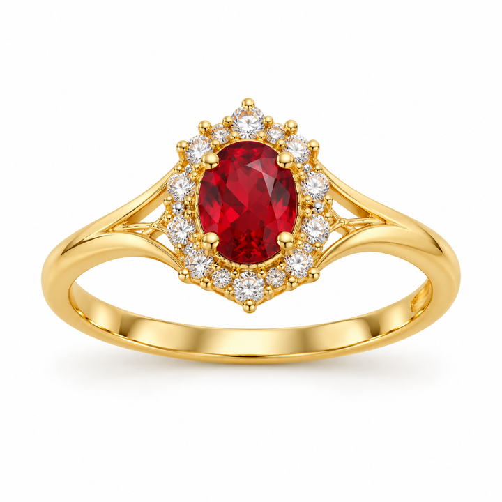 14K Yellow Gold Red Oval CZ Halo Ring front white background