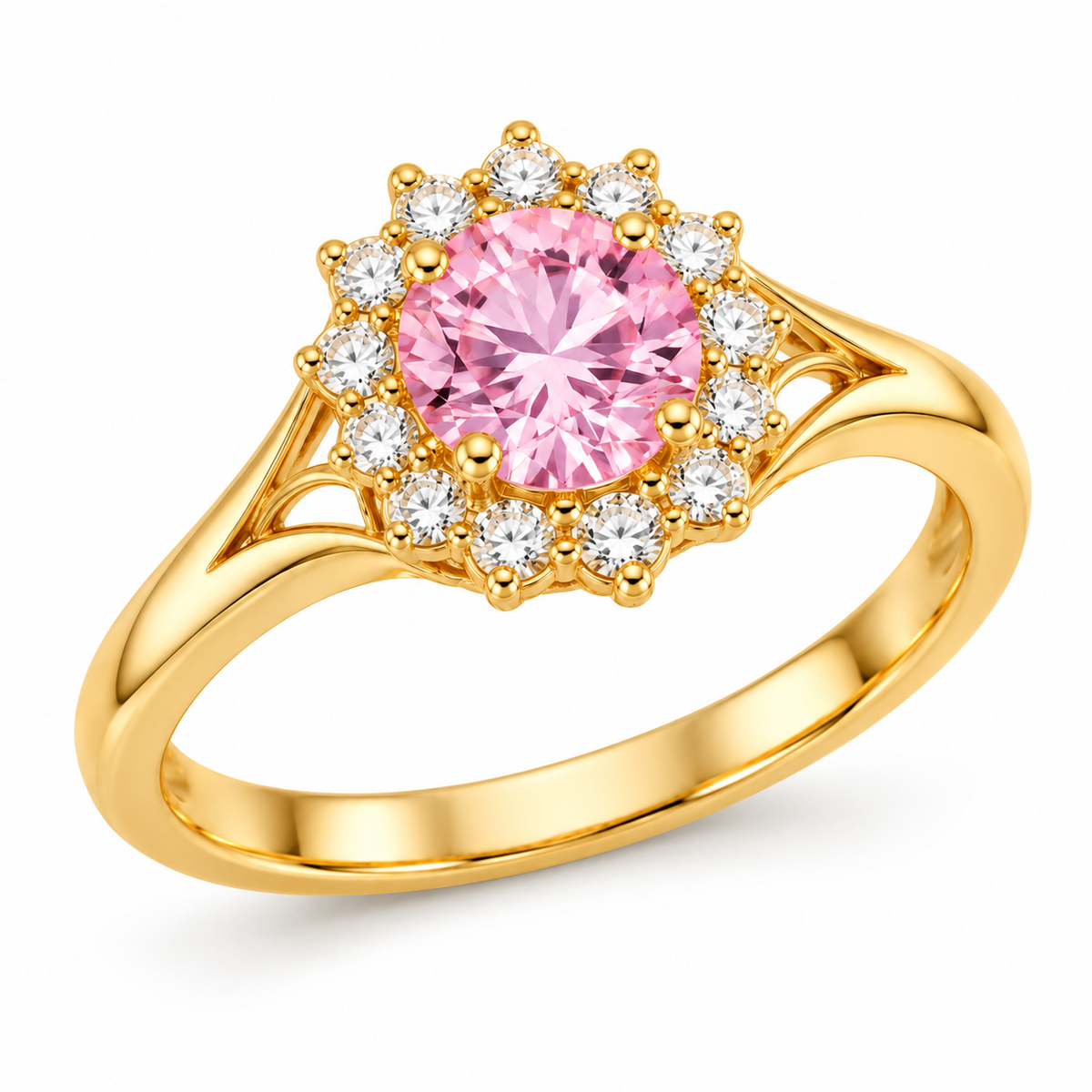 14K Yellow Gold Pink Round CZ Halo Ring angled white background