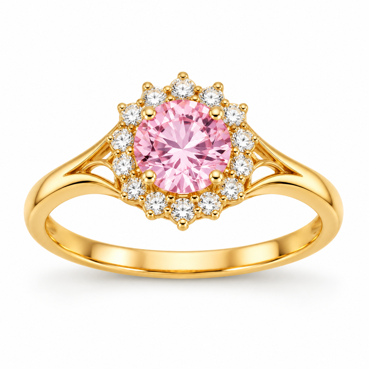 14K Yellow Gold Pink Round CZ Halo Ring front white background