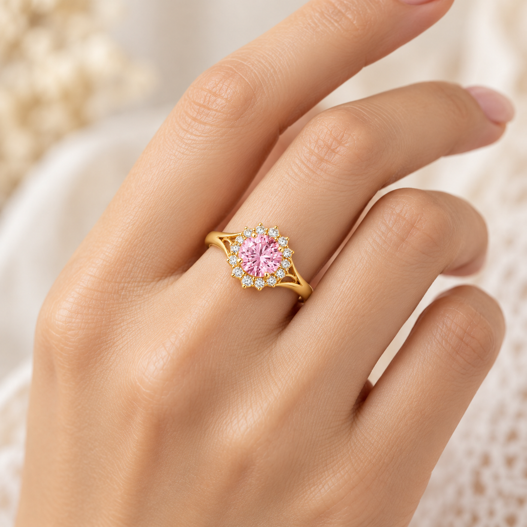 14K Yellow Gold Pink Round CZ Halo Ring on model hand
